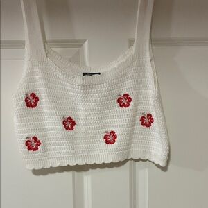 Wild Fable White Knit Crop Top with Red Floral Design